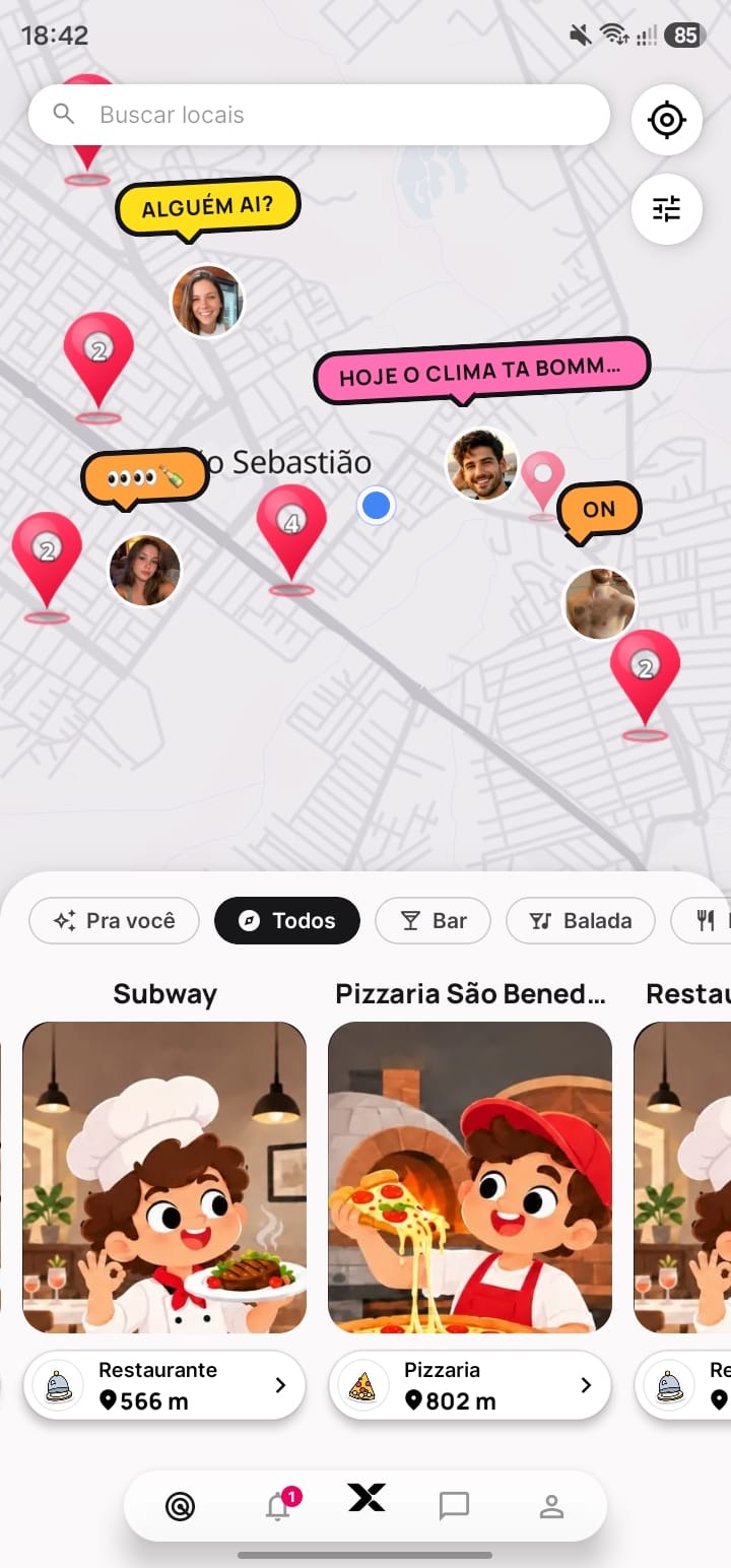 Tela do aplicativo NOXA com mapa de locais e pessoas próximas